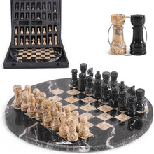 Load image into Gallery viewer, 30cm Round Marble Chess Set ZEBRA BLACK & CORAL with Local Storage Box – Classic Strategy Board Game for Home & Gift