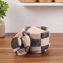 Load image into Gallery viewer, Marble Salt Cellar with Lid 3" Inch Checker Handmade Table Salt Container for Kitchen Countertop, Sugar Bowl Spice Storage, Ideal Salt Jar for Celtic Salts