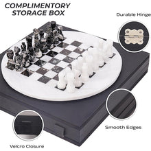Load image into Gallery viewer, 30cm Round Marble Chess Set WHITE & ZEBRA BLACK with Local Storage Box – Classic Strategy Board Game for Home & Gift
