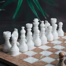 Load image into Gallery viewer, white and marinara chess pieces and chess board