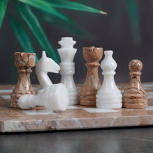 Load image into Gallery viewer, white and marinara chess pieces and chess board