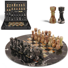 Load image into Gallery viewer, 30cm Round Marble Chess Set ZEBRA BLACK &amp; GREEN with Local Storage Box – Classic Strategy Board Game for Home &amp; Gift
