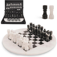 Load image into Gallery viewer, 38cm Round Marble Chess Set WHITE &amp; ZEBRA BLACK with Local Storage Box Luxury Marble Chess Sets, Pieces &amp; Boards
