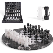 Load image into Gallery viewer, 30cm Round Marble Chess Set ZEBRA BLACK &amp; WHITE with Local Storage Box – Classic Strategy Board Game for Home &amp; Gift
