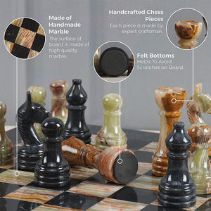 Black And Multi Green Handmade 15 Inches Premium Quality Marble Chess Set