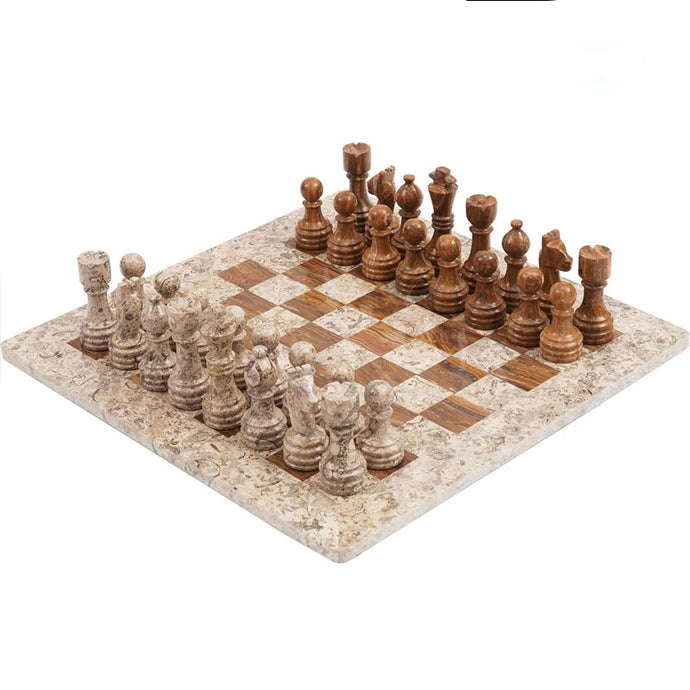 Fossil Coral and Dark Brown Handmade 15 Inches High Quality Marble Chess Set