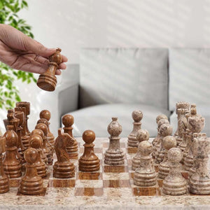 Fossil Coral and Dark Brown Handmade 15 Inches High Quality Marble Chess Set