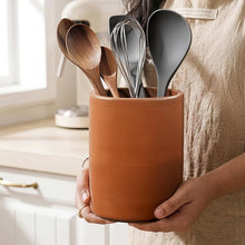 Load image into Gallery viewer, Terracotta Kitchen Utensil Holder 6.5" Inch Natural Clay Utensil Crock for Countertop, Spatula, Spoon &amp; Cutlery Organizer, Farmhouse Kitchen Cooking Decor &amp; Storage Container
