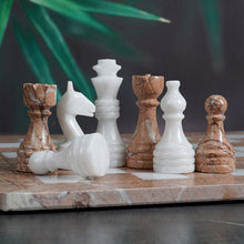 Load image into Gallery viewer, white and marinara chess pieces and chess board
